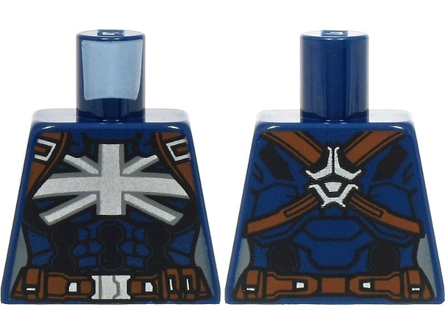 Lego Torso Female Armor with Silver Union Jack Emblem on Chest, Reddish Brown Harness and Belt Pattern / Dark Blue