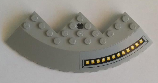 Lego Brick, Round Corner 10 x 10 with Slope 33 Edge, Axle Hole, Facet Cutout with SW Outlet Nozzles Pattern Model Left Side (Sticker) - Set 75042 / Light Bluish Gray