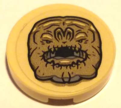 Lego Tile, Round 2 x 2 with Bottom Stud Holder with Dark Tan Rancor Head Pattern (Sticker) - Set 75326 / Tan