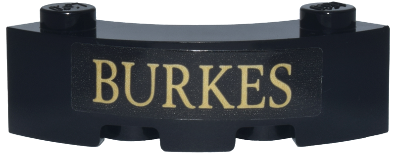 Lego Brick, Round Corner 3 x 3 Macaroni with 2 Studs with Tan 'BURKES' Pattern (Sticker) - Set 76471
