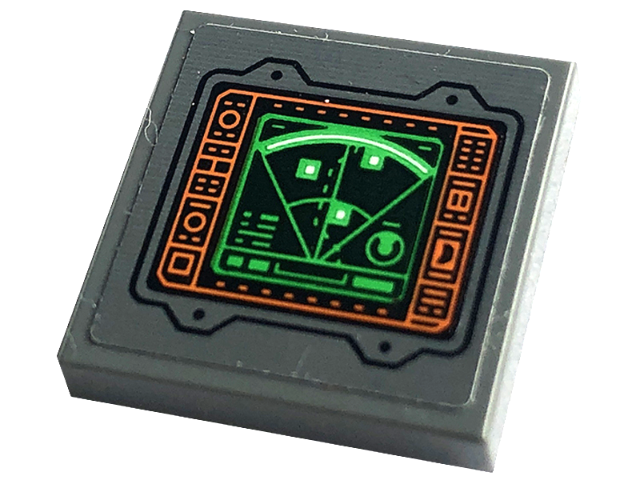 Lego Tile 2 x 2 with Display Screen with Green Radar and Orange Controls, Circles and Lines on Black Background Pattern (Sticker) - Set 76240
