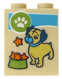 Lego Brick 1 x 2 x 2 with Inside Stud Holder with Pug Dog, Orange Stars, Lime Bowl and White Paw Print in Circle Pattern (Sticker) - Set 41664 / Tan