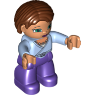 Lego Duplo Figure Bob / Pageboy Hair Reddish Brown, Wrap Top with Buttons - Dark Purple Legs / Bright Light Blue