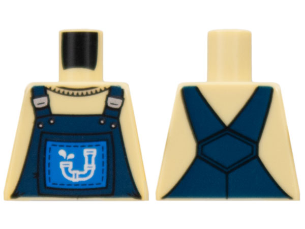 Lego Torso Overalls Dark Blue over Crew Neck Shirt, White Drainpipe on Blue Patch Pattern / Tan