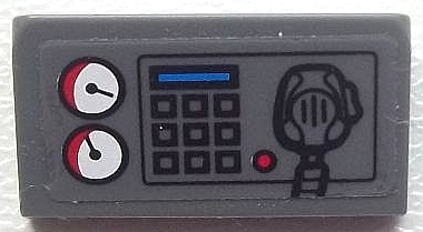 Lego Slope 30 1 x 2 x 2/3 with White Gauges, Buttons, Blue Bar, and Radio on Transparent Background Pattern (Sticker) - Set 60023 / Dark Bluish Gray