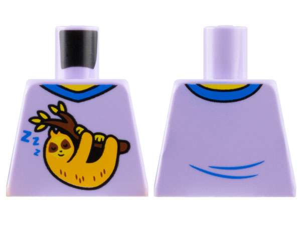 Lego Torso Shirt with Blue Collar, 'ZZZ', and Bright Light Orange Sloth Sleeping from Reddish Brown Tree Branch with Leaves, Yellow Neck Pattern / Lavender