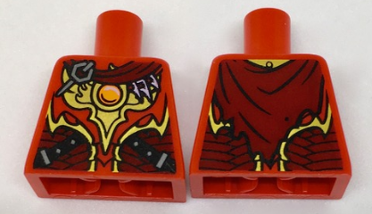 Lego Torso Vest with Dark Red and Gold Armor with Black Straps, Scales, Fire Chi Emblem and Cape with Buckle Pattern / Red