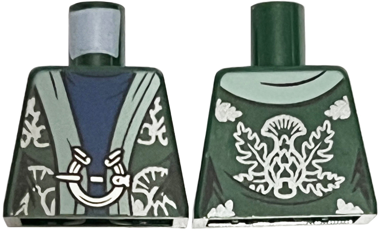 Lego Torso Harry Potter Robe, Sand Green Hem, Dark Blue Dress, Silver Pin Clasp and Thistle Pattern / Dark Green