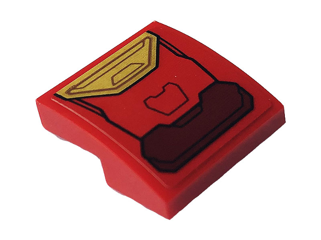 Lego Slope, Curved 2 x 2 x 2/3 with Gold and Dark Red Iron Man Hulkbuster Armor Pattern (Sticker) - Set 76164 / Red