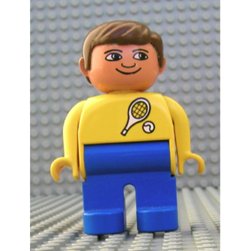 Lego Duplo Figure, Early, with Short Parted Hair Brown, Blue Legs, White Tennis Racket and Ball Print