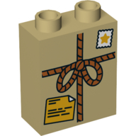 Lego Duplo Brick 1 x 2 x 2 with Tied Parcel with Star Stamp and Orange Shipping Label Print / Tan