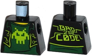 Lego Torso Short Jacket Open with Lime Trim over Dark Green Shirt with Pixelated Alien, Yellow Neck, Stylized 'BAD 2 THE CODE' on Back Pattern / Black