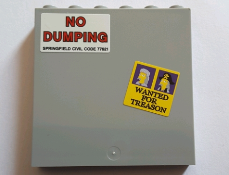 Lego Panel 1 x 6 x 5 with 'NO DUMPING SPRINGFIELD CIVIL CODE 77621' and 'WANTED FOR TREASON' Pattern (Stickers) - Set 71016