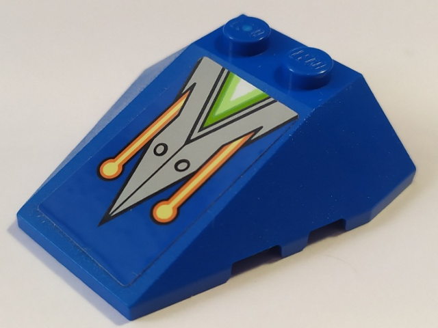 Lego Wedge 4 x 4 Triple with Stud Notches with Silver Hull Plates, Green Triangles and Orange Circuitry Pattern (Sticker) - Set 70320 / Blue