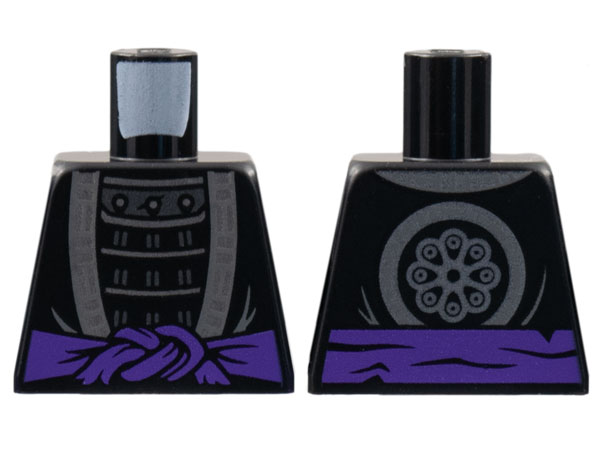 Lego Torso Robe with Silver Hem over Armor, Dark Purple Sash, Flower Emblem on Back Pattern / Black