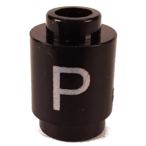 Lego Brick Round 1 x 1 with Letter 'P' Print / Black