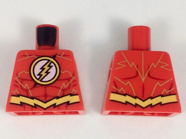 Lego Torso Super Hero Costume Yellow Lightning Bolt in Circle Logo, Dark Red Muscles Outline, Jagged Belt, Gold Lines Pattern (The Flash) / Red