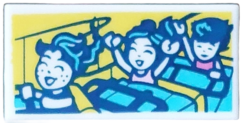 Lego Tile 1 x 2 with Photo of Friends Minifigures on Roller Coaster Ride on Yellow Background Pattern / White