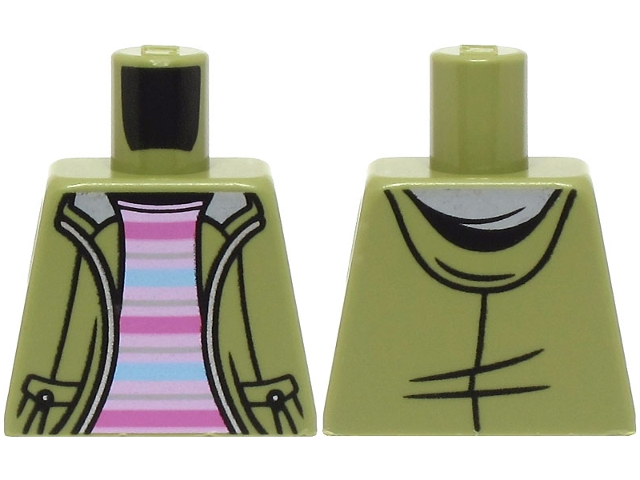 Lego Torso Jacket Open with Hood over Bright Pink Shirt with Dark Pink and Bright Light Blue Stripes Pattern / Olive Green