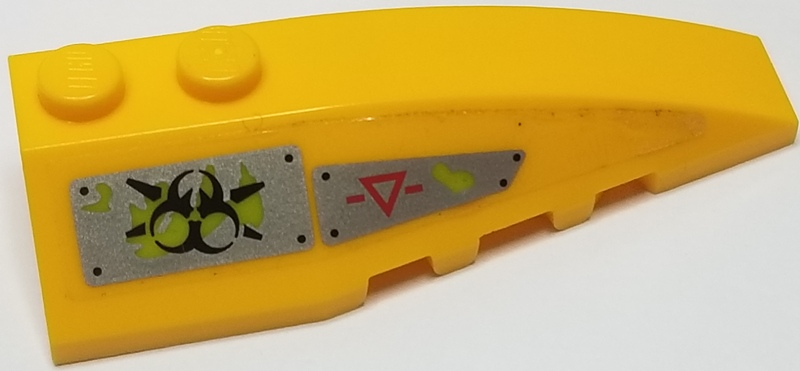 Lego Wedge 6 x 2 Right with Red Caution Triangle, Black Biohazard Symbol and Lime Ooze on Silver Bolted Plates Pattern (Sticker) - Set 70163