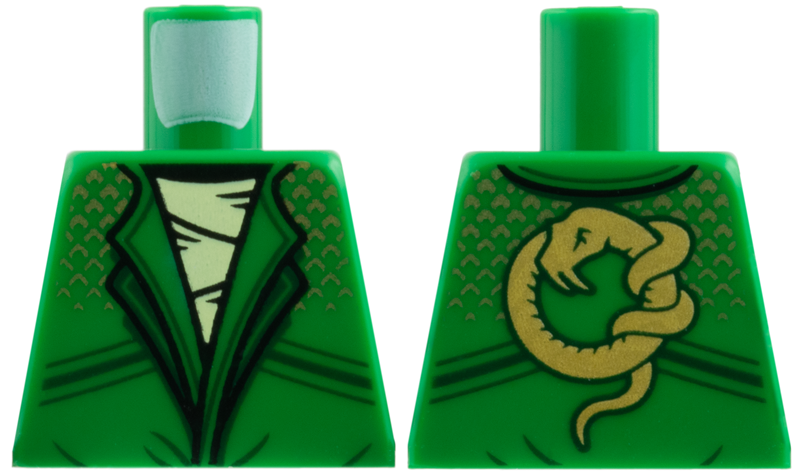 Lego Torso Robe with Lapels, Dark Green Stripes and Gold Chevrons over Yellowish Green Shirt, Snake on Back Pattern / Green