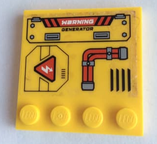 Lego Tile, Modified 4 x 4 with Studs on Edge with Red Pipes, Vent and 'WARNING GENERATOR' Pattern Model Right Side (Sticker) - Set 60188