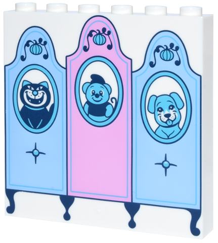 Lego Panel 1 x 6 x 5 with Bright Light Blue and Bright Pink Headboards, Medium Azure Pumpkins and Oval Frame Portraits of Lucifer, Gus and Bruno Pattern