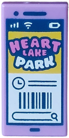 Lego Tile 1 x 2 with Cell Phone / Smartphone with Black Entrance Barcode for Dark Pink and White 'HEART LAKE PARK' on Yellow Background Pattern