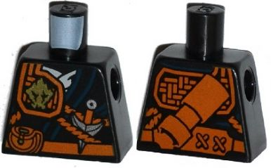 Lego Torso Ninjago Robe with Belt with Pouch, Knife, Scabbard and Earth Power Emblem Pattern / Black