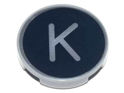 Lego Tile, Round 2 x 2 with Bottom Stud Holder with Silver Capital Letter K on Black Background Pattern