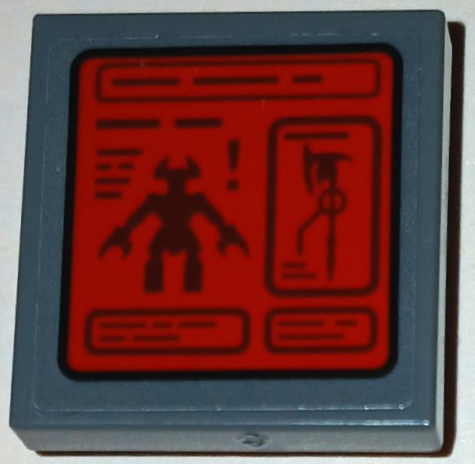 Lego Tile, Modified 2 x 2 Inverted with Red Screen with Lines, Text Windows, Exclamation Mark, Steppenwolf and Axe Pattern (Sticker) - Set 76087 / Dark Bluish Gray