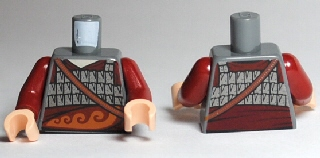 Lego Torso Silver Scale Mail, Sash with Swirly Pattern, Strap Over Shoulder / Dark Red Arms / Light Nougat Hands