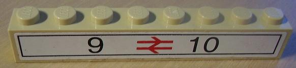Lego Brick 1 x 8 with Black '9' and '10' and Red Platform Arrows Pattern (Sticker) - Set 4708 / Tan
