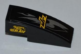 Lego Slope, Curved 3 x 1 with 'SUPER FAST' and 'eRAV' on Right Side and 'Jr' and Silver Flames on Top Pattern (Sticker) - Set 8126 / Black