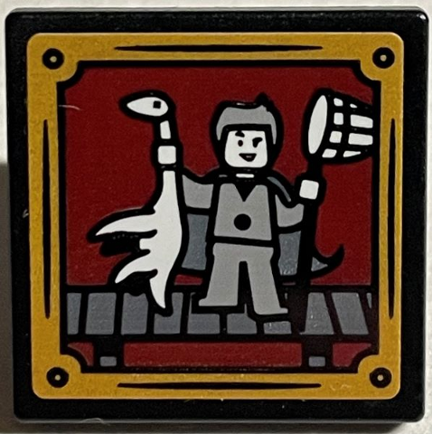 Lego Road Sign 2 x 2 Square with Open O Clip with Gilderoy Lockhart with Dragon and Net with Gold Frame Pattern (Sticker) - Set 76389