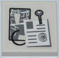 Lego Tile 2 x 2 with Map, Key, and Police File Pattern (Sticker) - Set 7498 / White