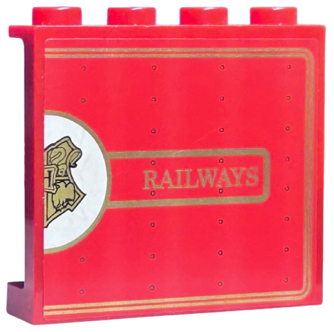 Lego Panel 1 x 4 x 3 with Side Supports - Hollow Studs with Half Gold Hogwarts Crest in White Circle and 'RAILWAYS' Pattern (Sticker) - Set 4841 / Red