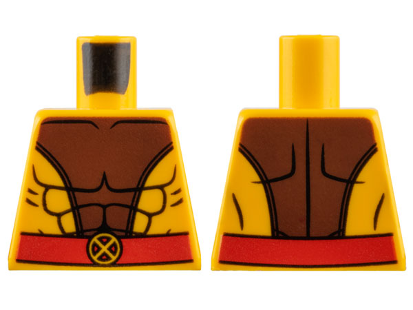 Lego Torso Muscles Outline with Dark Brown Center and Red Belt with X-Men Logo Buckle Pattern / Bright Light Orange