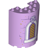 Lego Cylinder Half 3 x 6 x 6 with 1 x 2 Cutout with Window, White Border, Lion Head Print / Lavender