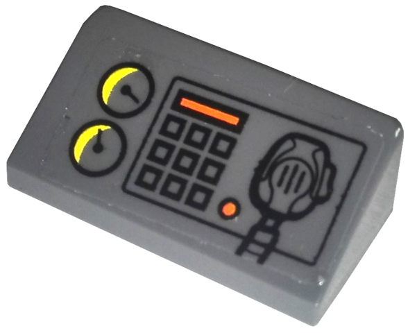Lego Slope 30 1 x 2 x 2/3 with Gauges, Buttons, Orange Bar, and Radio on Transparent Background Pattern (Sticker) - Set 60001 / Dark Bluish Gray