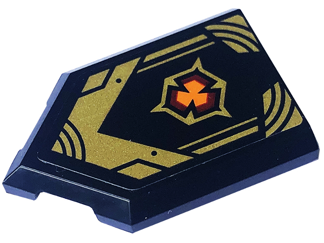 Lego Tile, Modified 2 x 3 Pentagonal with Gold Lines, Armor Plates and Dark Red and Orange Emblem Pattern (Sticker) - Set 71793 / Black
