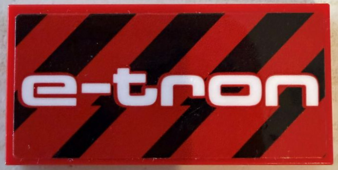 Lego Tile 2 x 4 with White 'e-tron' and Black Diagonal Stripes Pattern (Sticker) - Set 76921 / Red
