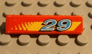 Lego Tile 1 x 4 with Blue and White '29' on Yellow Stripe with Dot Fade Pattern Model Left Side (Sticker) - Set 8829 / Red