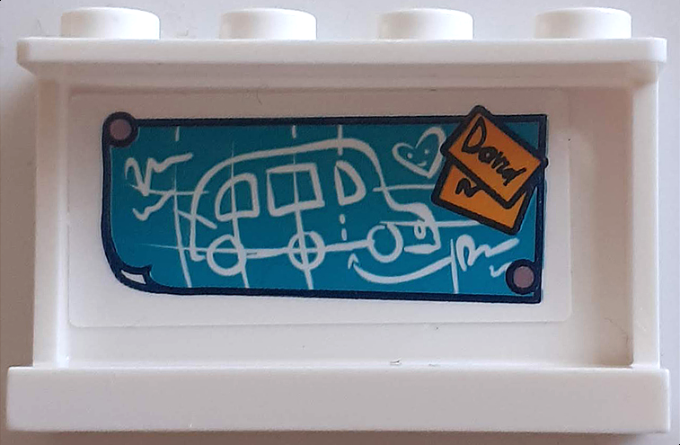 Lego Panel 1 x 4 x 2 with Side Supports - Hollow Studs with White Bus Drawing on Dark Turquoise Poster and 'David' on Sticky Notes Pattern (Sticker) - Set 41395