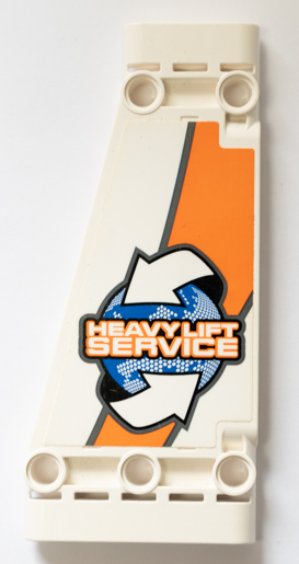 Lego Technic, Panel Plate 5 x 11 x 1 Tapered with 'HEAVY LIFT SERVICE', White Arrows and Orange and Dark Bluish Gray Stripes Pattern Model Left Side (Sticker) - Set 42052