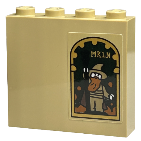 Lego Brick 1 x 4 x 3 with Picture of Wizard with Dark Orange Beard, Black Staff and 'MRLN' in Gold Frame Pattern (Sticker) - Set 40577 / Tan