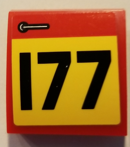 Lego Slope, Curved 2 x 2 x 2/3 with Door Handle and Black Number 177 on Yellow Background Pattern Model Right Side (Sticker) - Set 75894 / Red