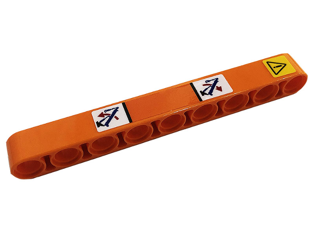 Lego Technic, Liftarm Thick 1 x 9 with Exclamation Mark in Yellow Danger Sign, Red Arrows, Blue Crane Arms Pattern (Sticker) - Set 42128 / Orange