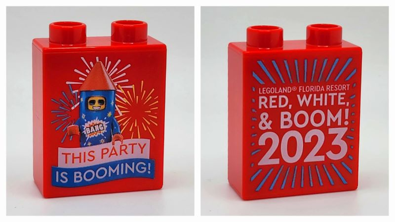 Lego Duplo, Brick 1 x 2 x 2 with 'THIS PARTY IS BOOMING!' and 'RED, WHITE, & BOOM! 2023' LEGOLAND Florida Resort Pattern