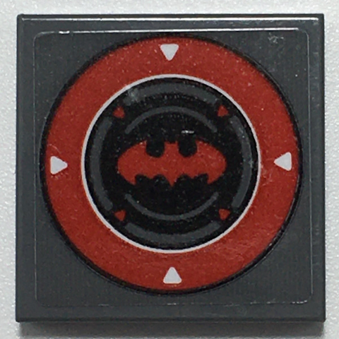 Lego Tile 2 x 2 with Red Batman Logo Inside Red Circle with 4 White Arrows Pattern (Sticker) - Set 70917 / Dark Bluish Gray